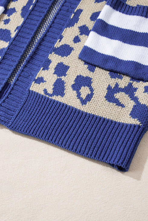 Stripe Sleeve Leopard Print Open Front Cardigan With Pockets